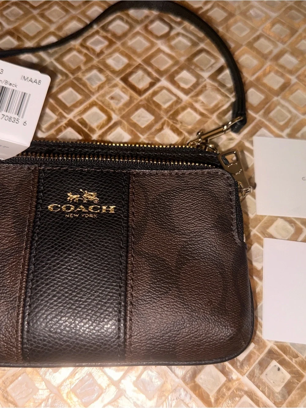 NWT | COACH Brown and Black Signature Leather Wristlet with Gold Hardware